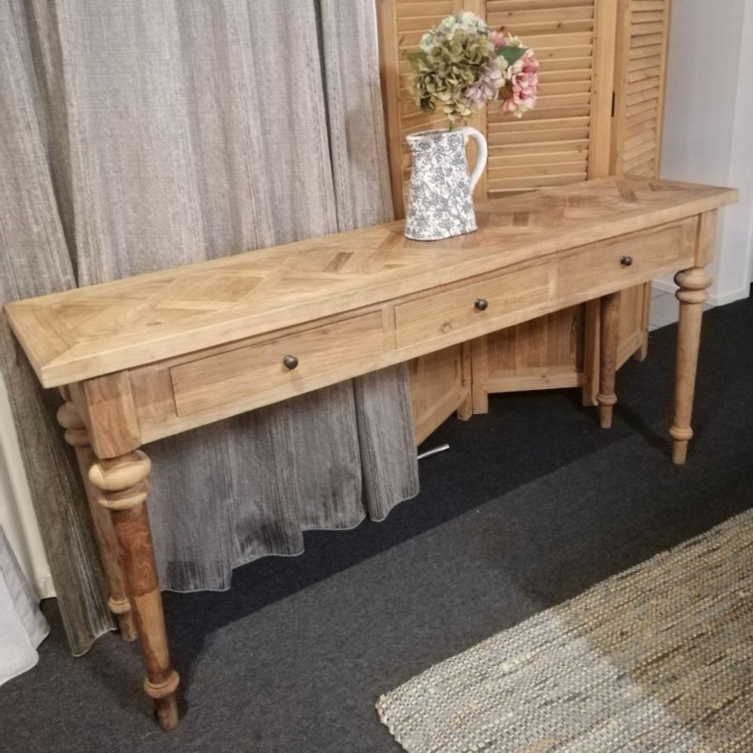 Reclaimed Elm Console Table 3 Drawer with Parquet Top 1.8 Metre image 6